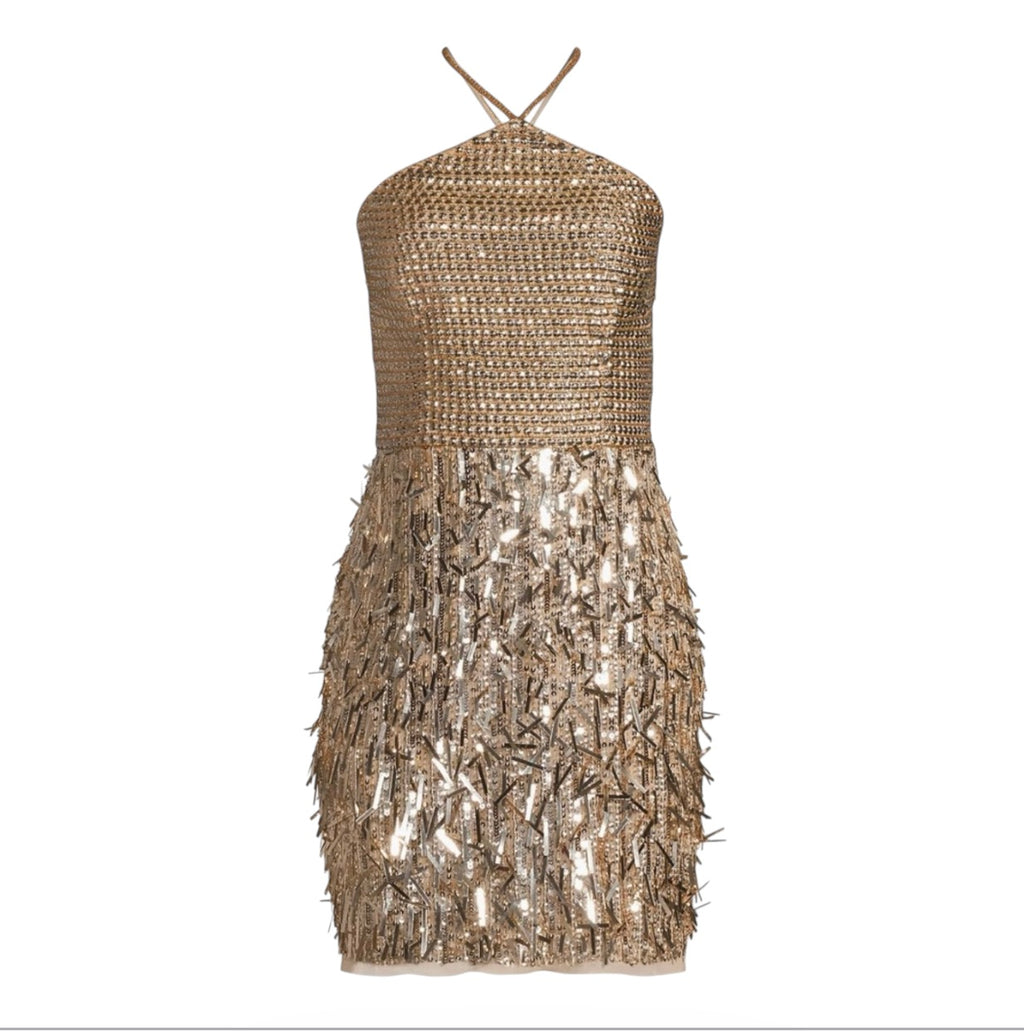 LIV FOSTER Gold Sequin Beaded High-Neck Mini Dress Size 10