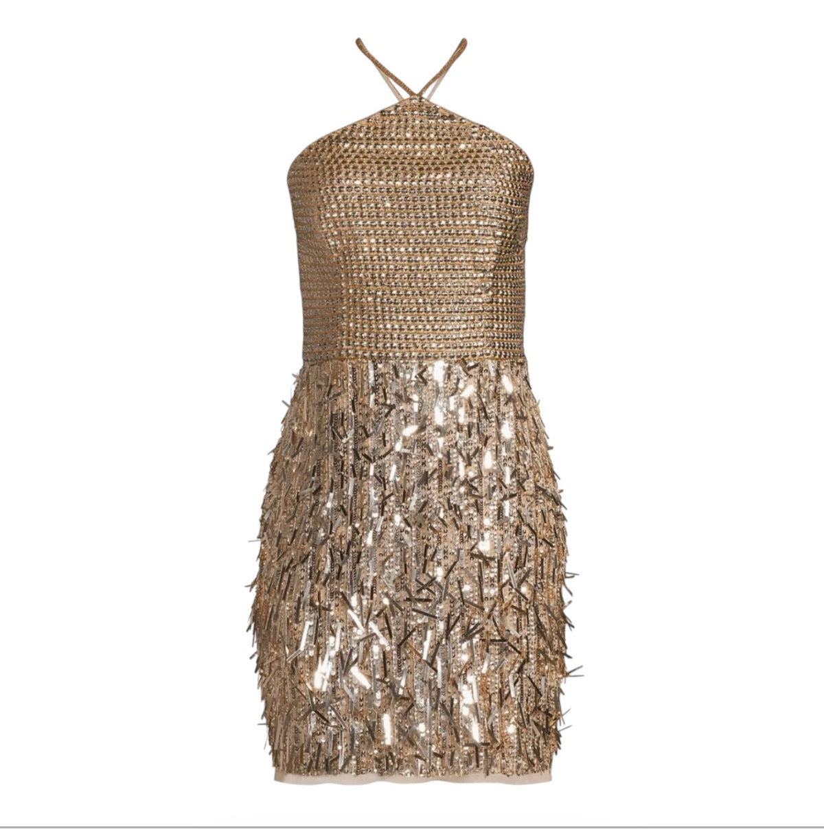 LIV FOSTER Gold Sequin Beaded High-Neck Mini Dress Size 10