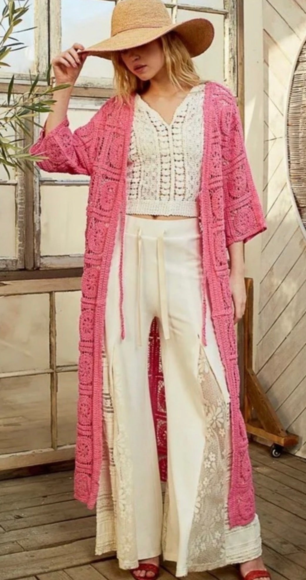 POL Bubblegum Pink Crochet Duster Cardigan Boho One Size $128