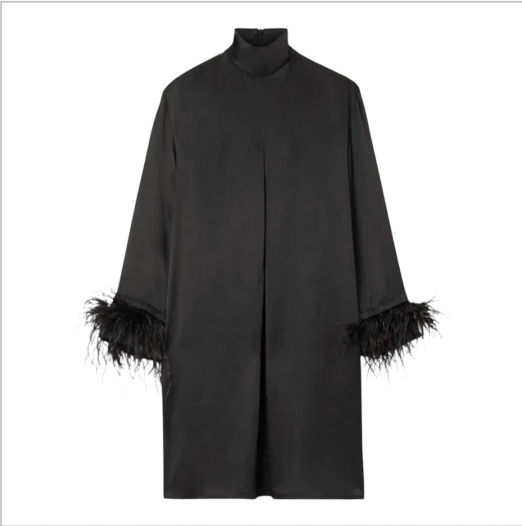 Sleeper Party Feather Trimmed
Satin Dress in Black Sz XS