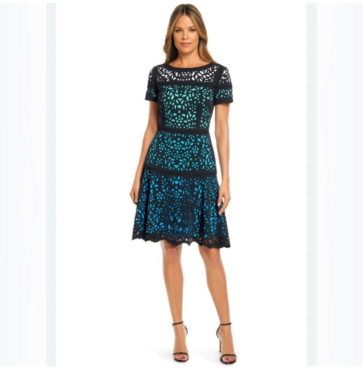 Shani Colorblock Laser Cut Fit & Flare in Teal US 4