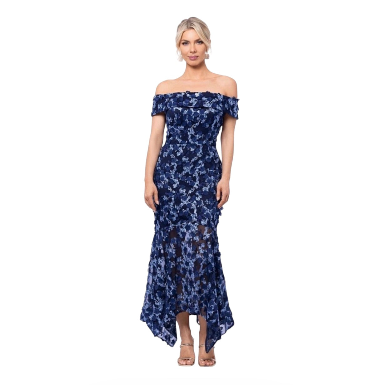 XSCAPE Off-The-Shoulder Embroidered 3D Floral Lace Midi Dress Navy Sz 4 $298