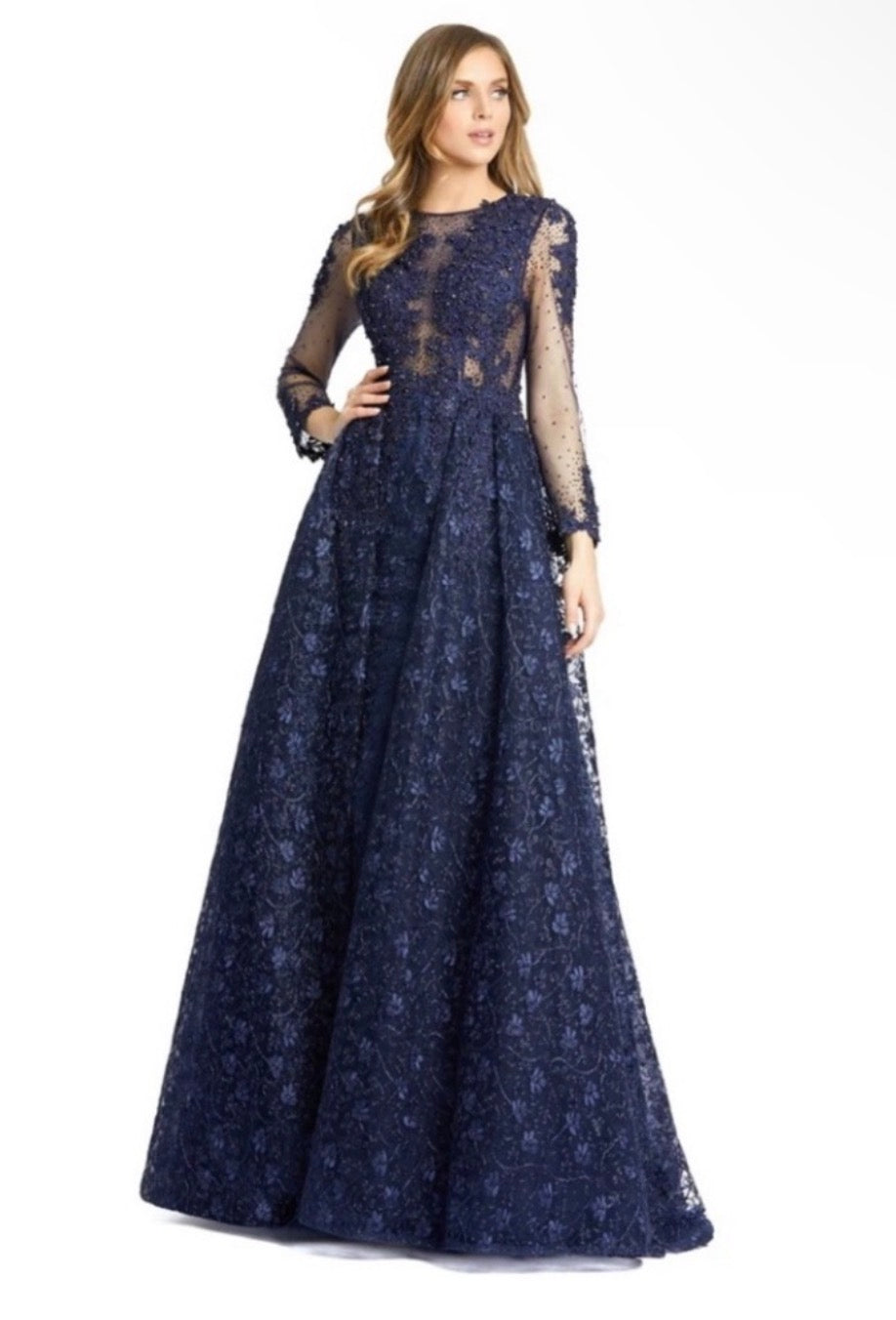 Mac Duggal 20100 Navy Embellished Lace Long Sleeve Ball Gown| 6