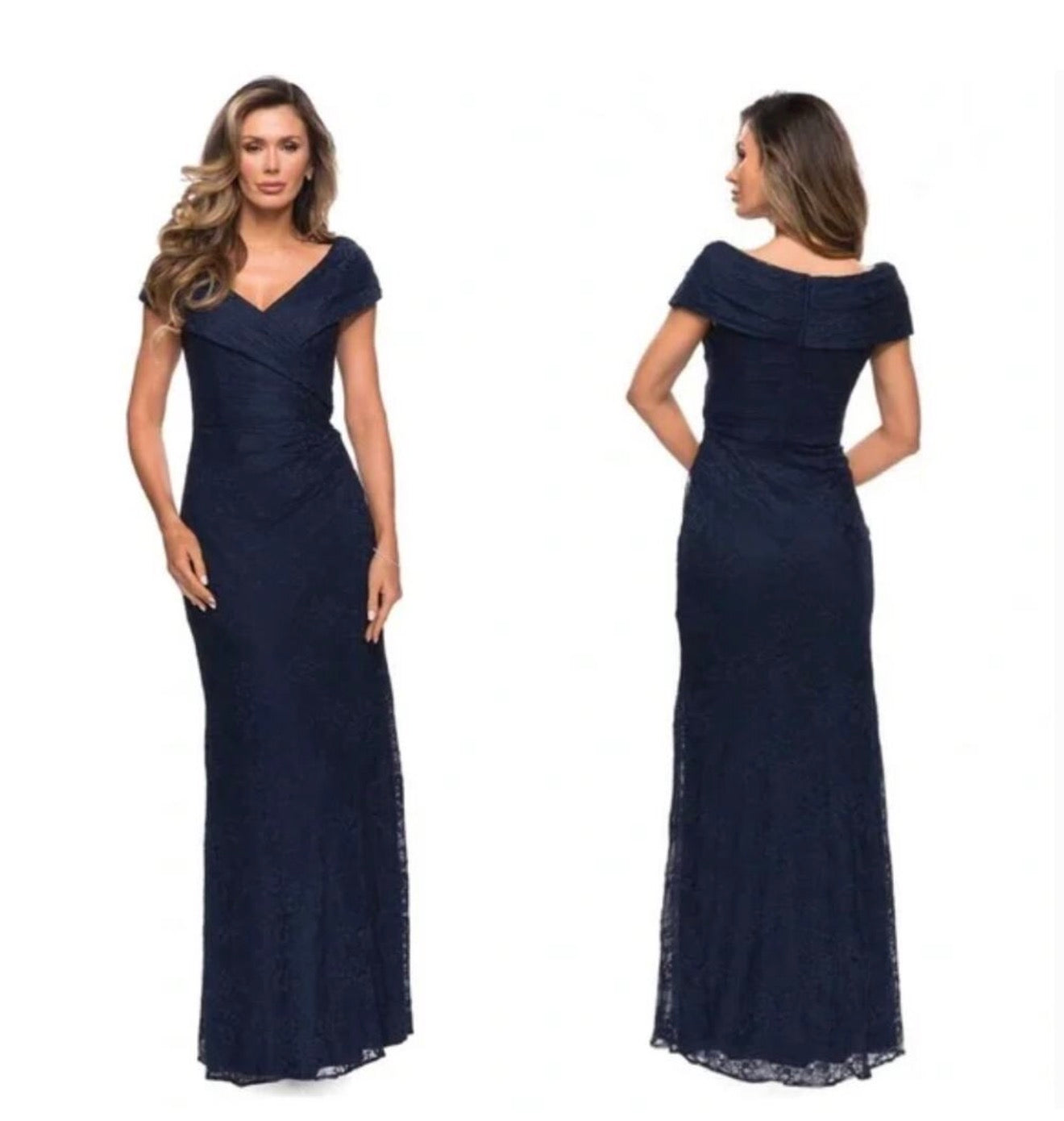 La Femme
Lace Off The Shoulder Cap
Sleeve Evening Dress in Navy 27982 sz 14 $378