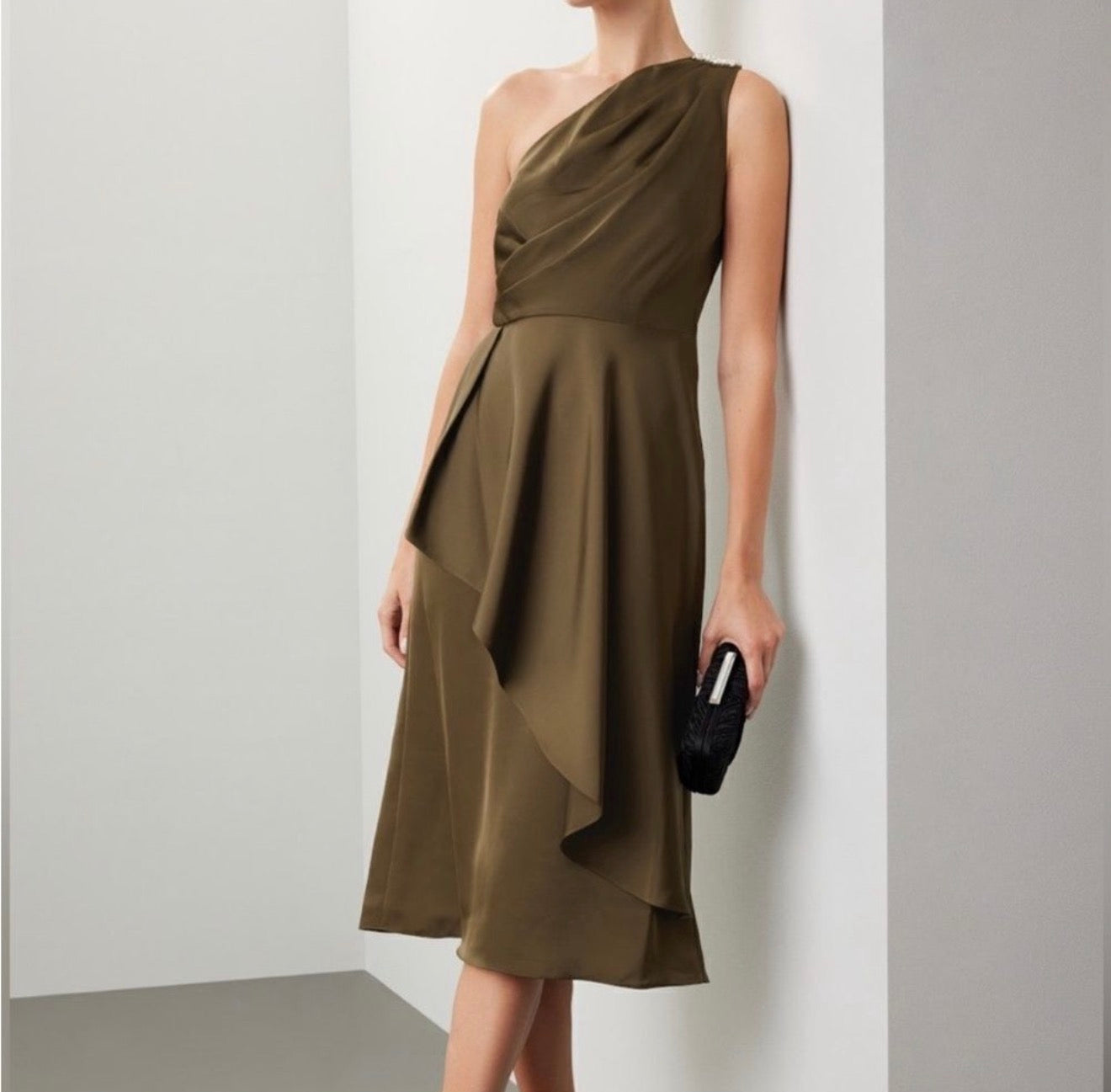 Sachin & Babi Evangeline One Shoulder Olive Midi Dress Size 2 $495