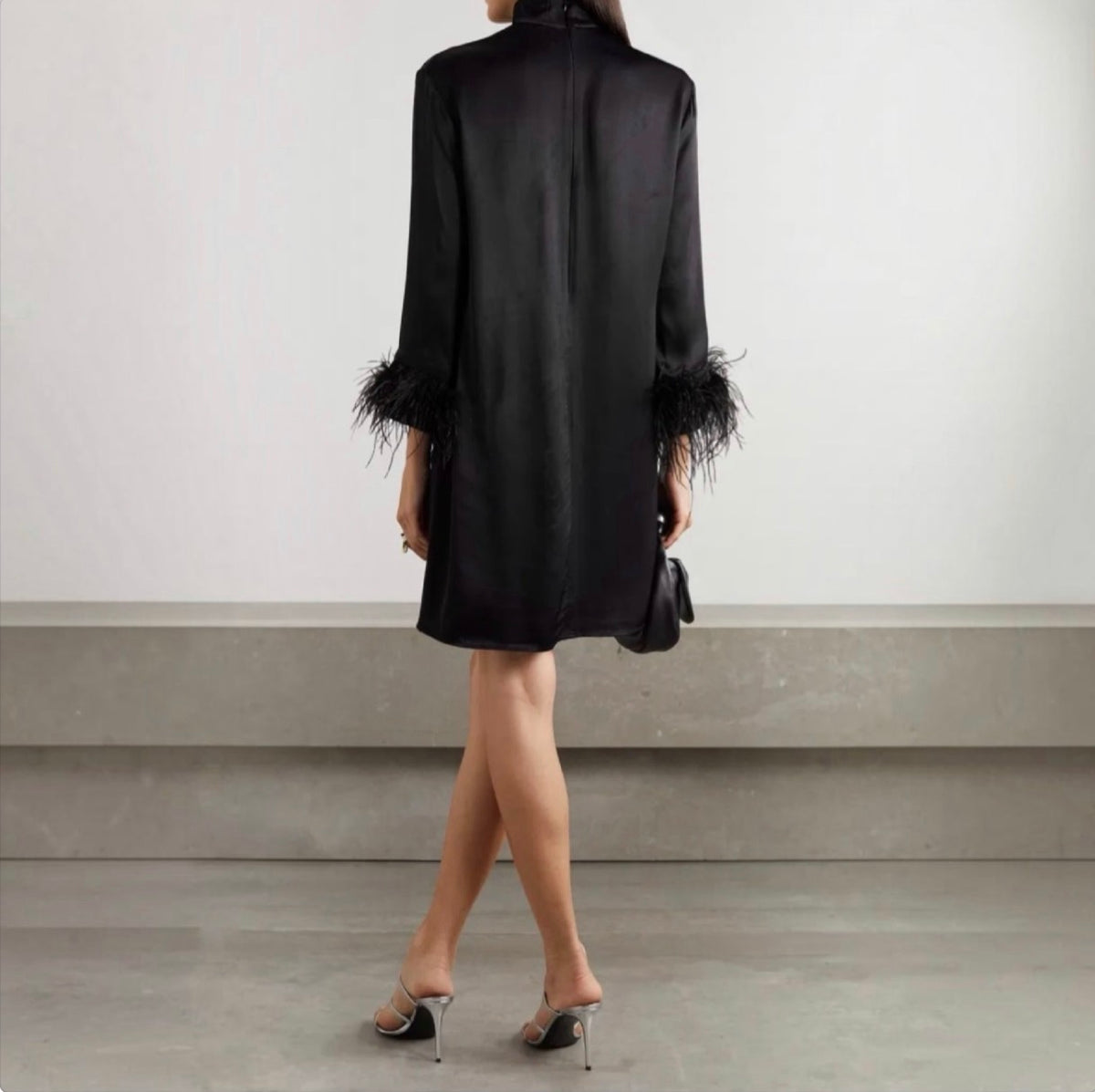 Sleeper Party Feather Trimmed
Satin Dress in Black Sz XS