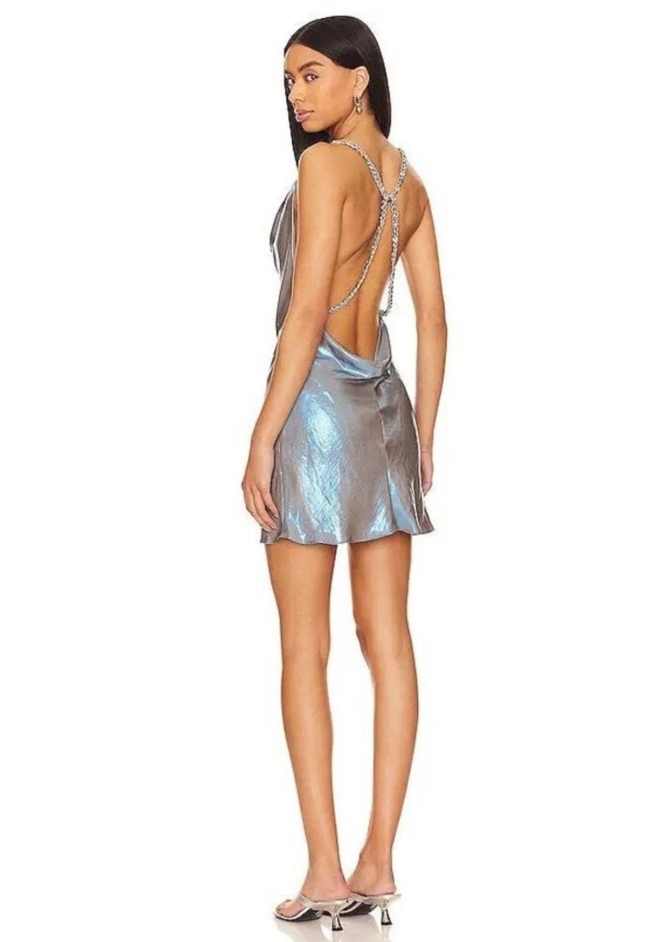 My Beachy Side Blue Iridescent Chain Back Mini Dress Small $378