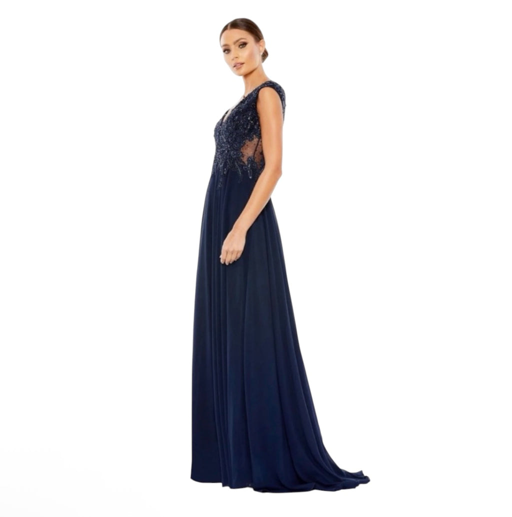 Mac Duggal 20264 Appliqued
Cap Sleeve Bodice Flowy Gown
Navy Sz 10