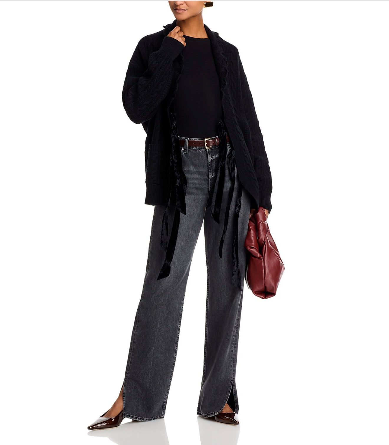 SEA Mariella Merino Wool Cable Knit Cardigan Sweater Black Large $395