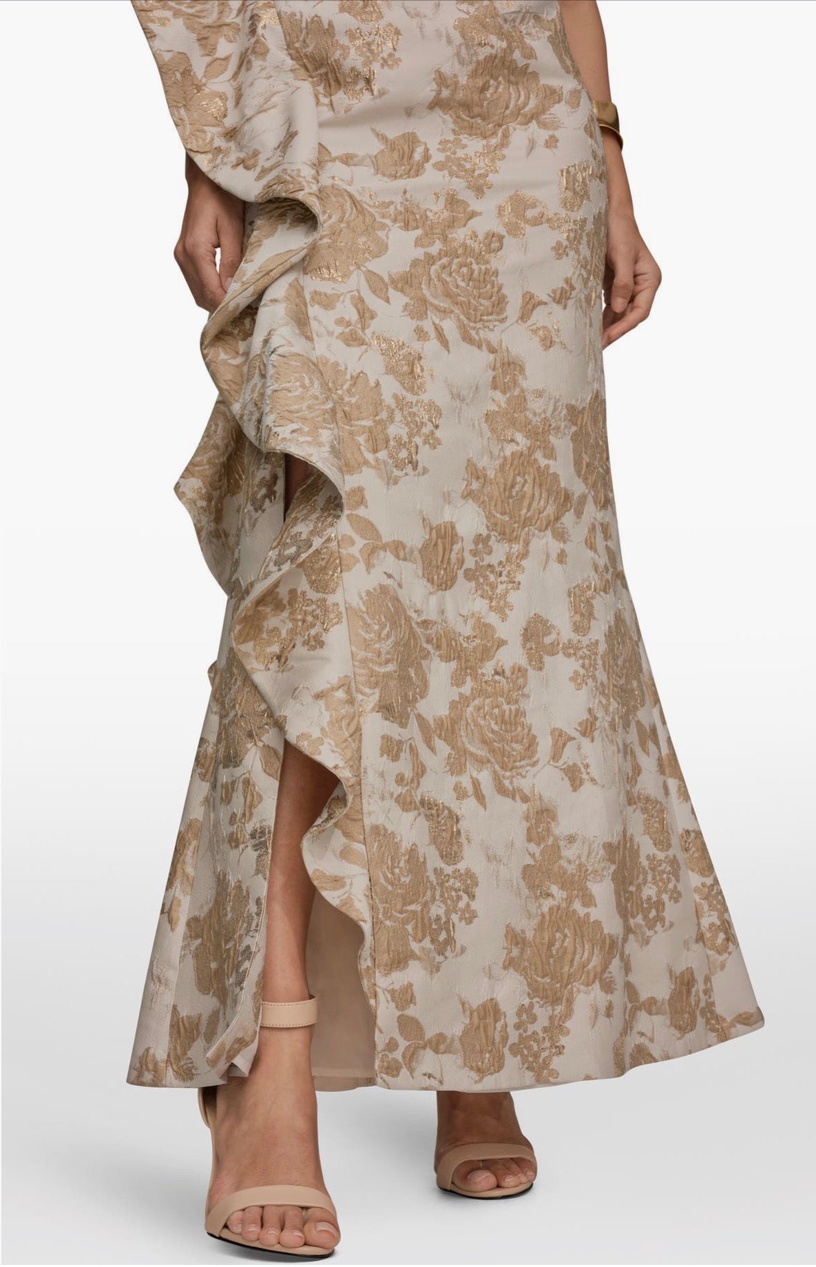 Donna Karan One Shoulder Cascading Ruffle Metallic Floral Gown Gold Size 2