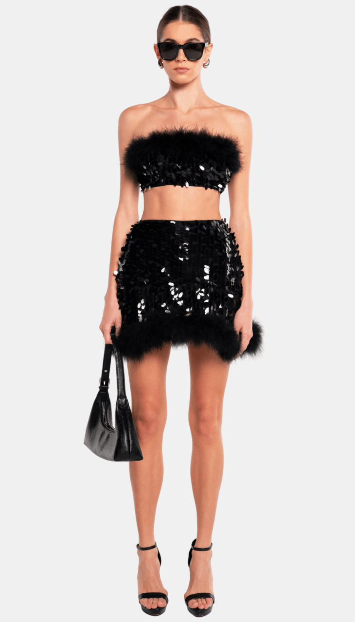 OW Collection VIRGO Sequin Feather Top and Skirt Set $550