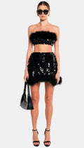 OW Collection VIRGO Sequin Feather Top and Skirt Set $550