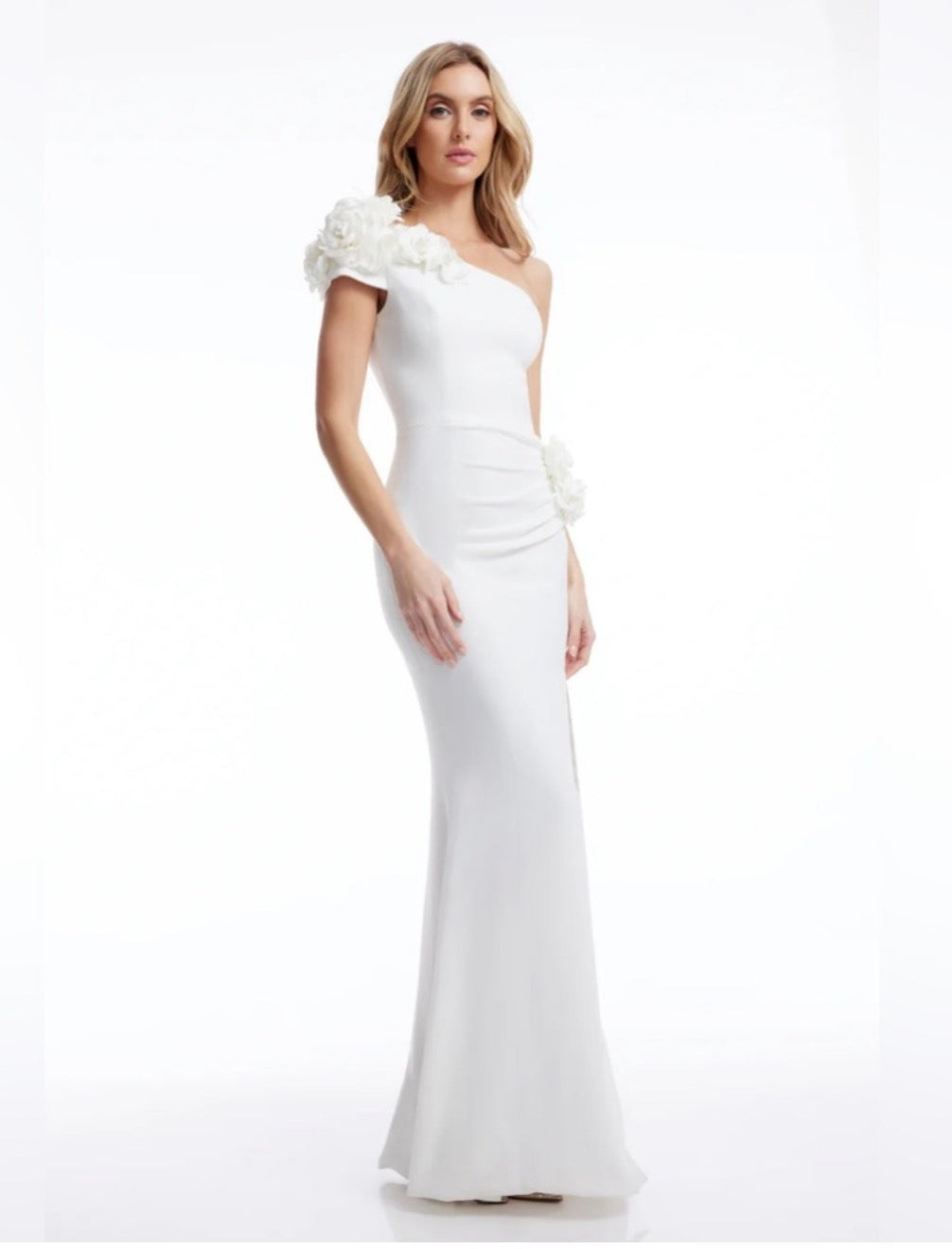 Dress the Population Aubrielle Asymmetric 3D Floral Mermaid Gown Off White XS $298
