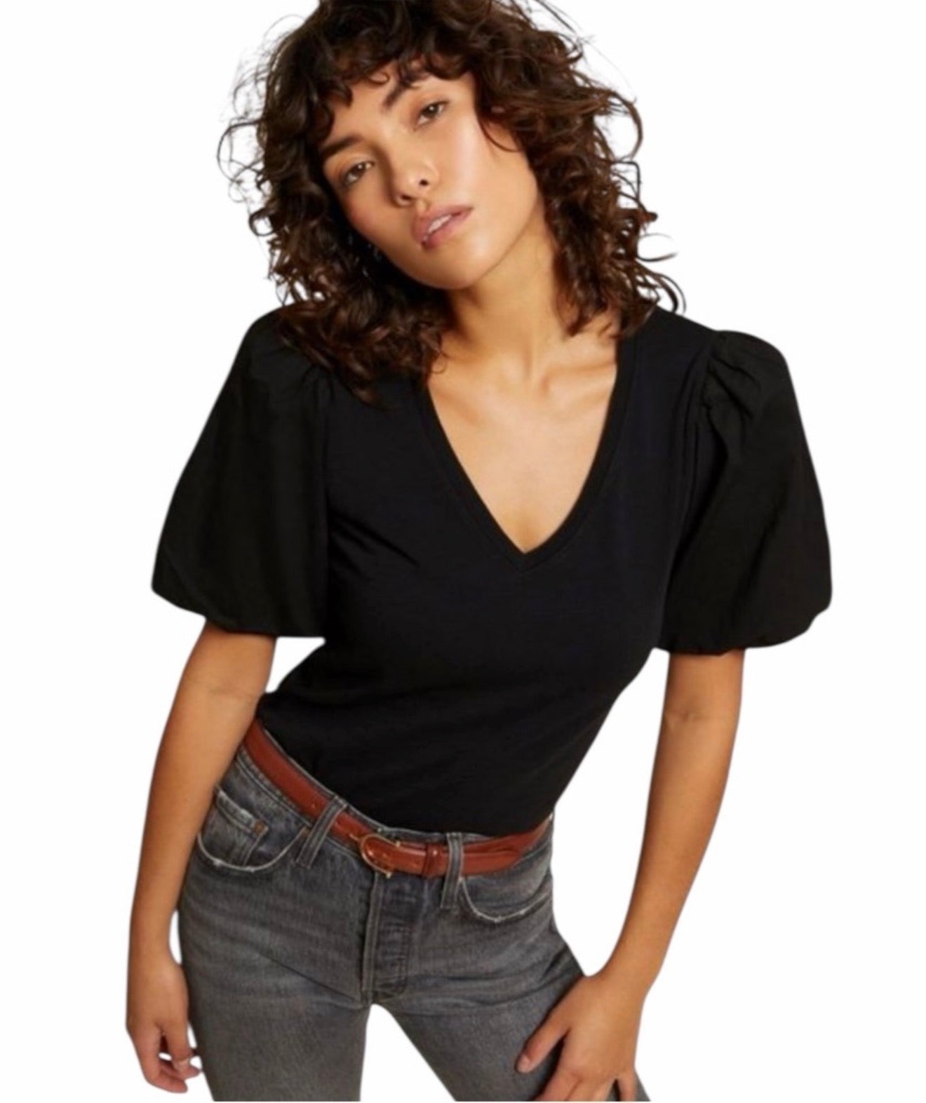 Nation Ltd Traci Bubble Sleeve V-Neck Top Jet Black Sz Small