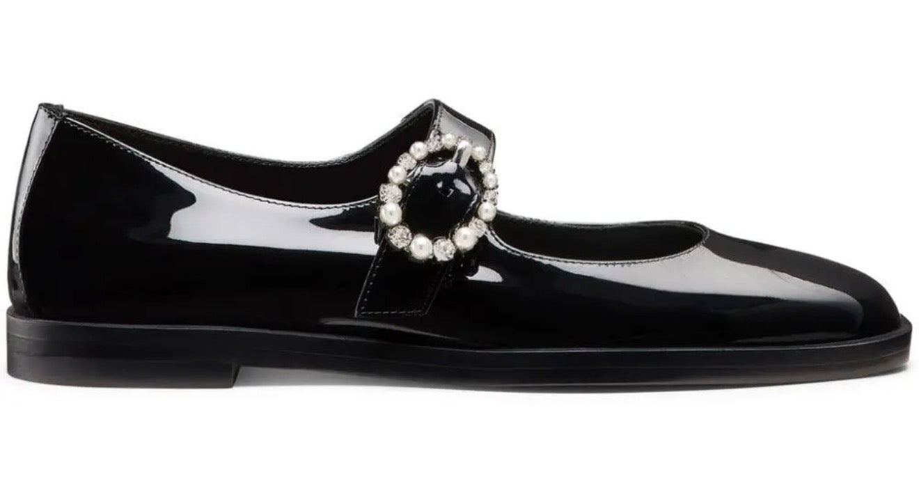 Stuart Weitzman Loralei Crystal Black Patent Mary Jane Flats Size 7.5