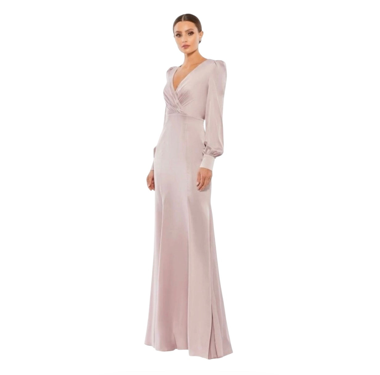 Mac Duggal 55635 Satin
Ruched Bishop Sleeve Gown Rose
Pink