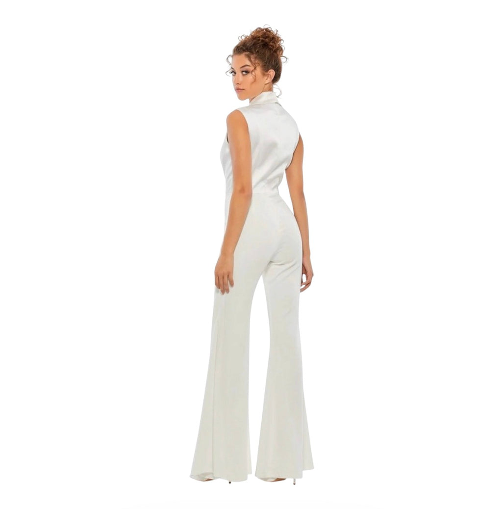 Ieena by Mac Duggal 26603 White Tuxedo Jumpsuit Satin Wide Leg Sz 2