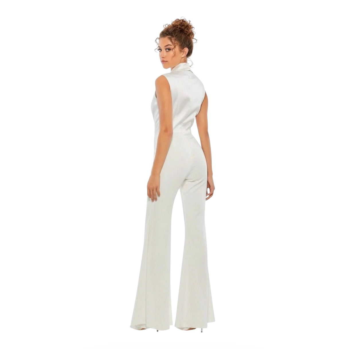 Ieena by Mac Duggal 26603 White Tuxedo Jumpsuit Satin Wide Leg Sz 2