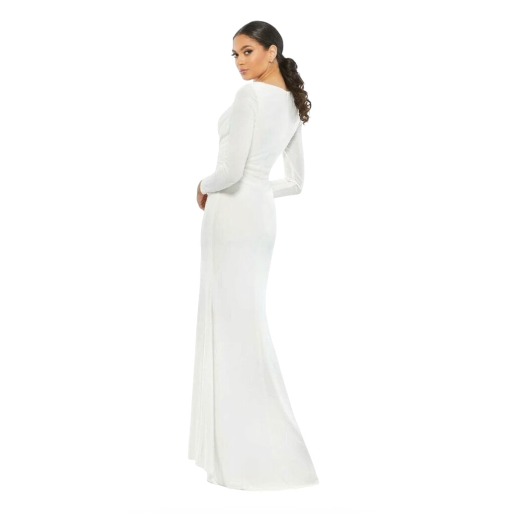 Ieena Mac Duggal 26554 Long Sleeves V-neck Long Side Split Gown  White sz 0