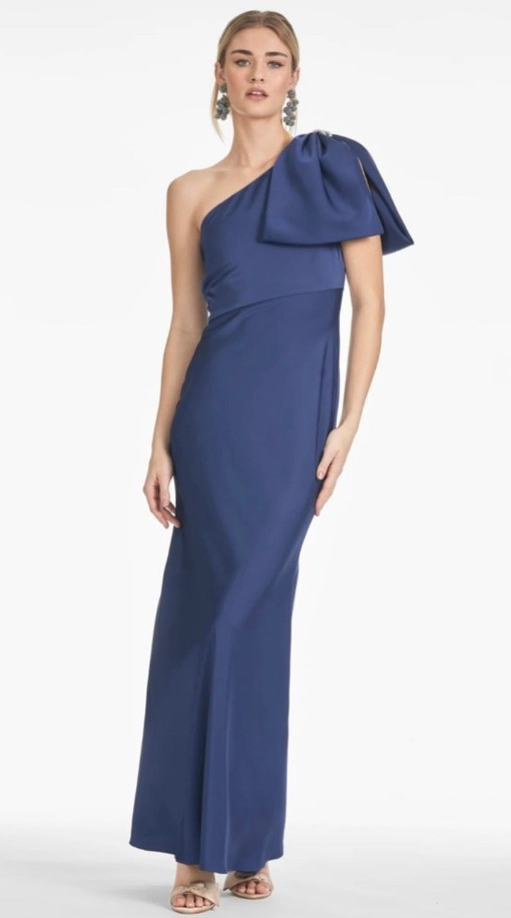 Sachin + Babi Aubrey Satin One-Shoulder Gown in Washed Indigo Size 6 $795