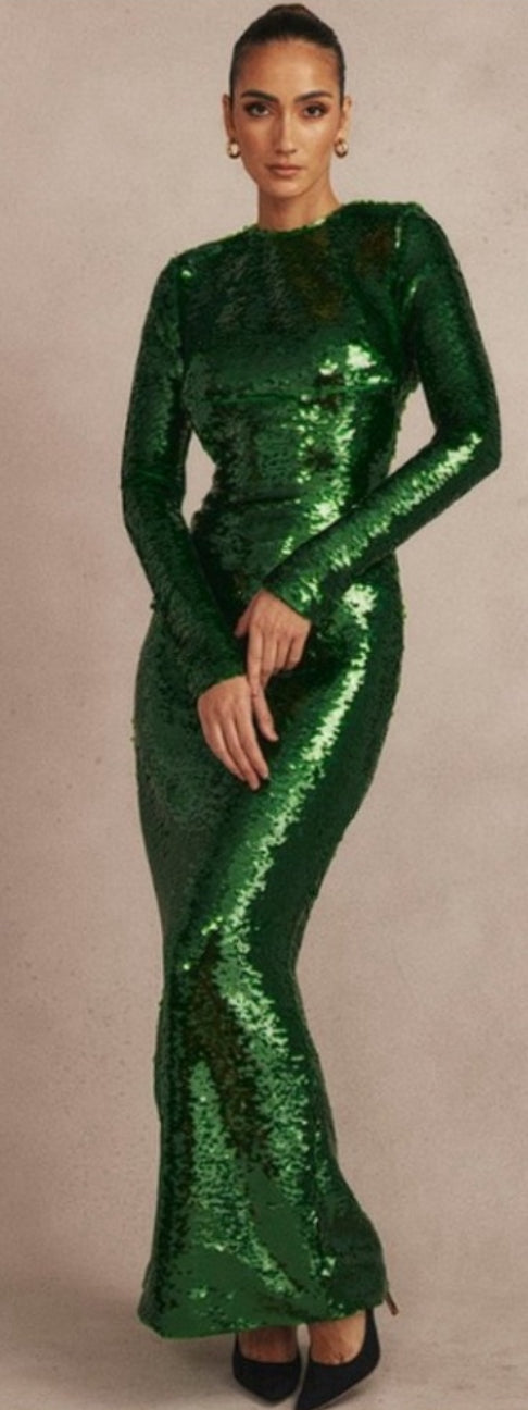 House of CB Belle Pine Green Sequin Open Back Maxi Dress $269