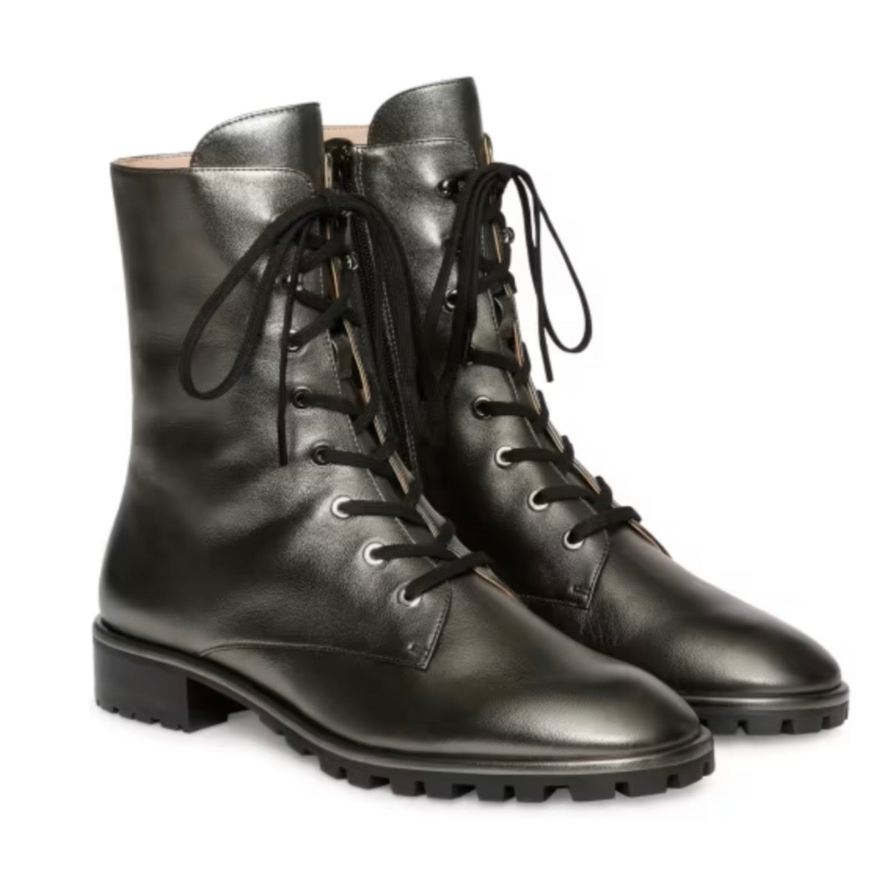 Stuart Weitzman Laine Silver/gray /black Metallic Gunmetal Leather Combat Boots Sz 6.5 $675