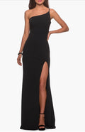 La Femme 28176 Black One Shoulder Jersey Gown Slit Column Dress Size 6 $228