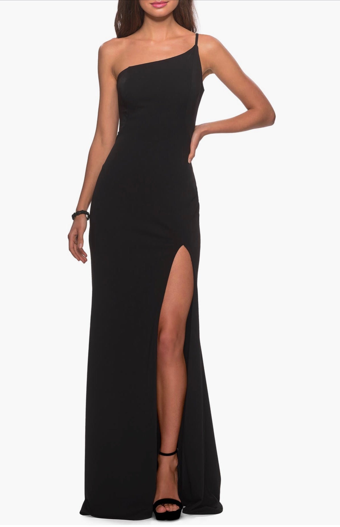 La Femme 28176 Black One Shoulder Jersey Gown Slit Column Dress Size 6 $228