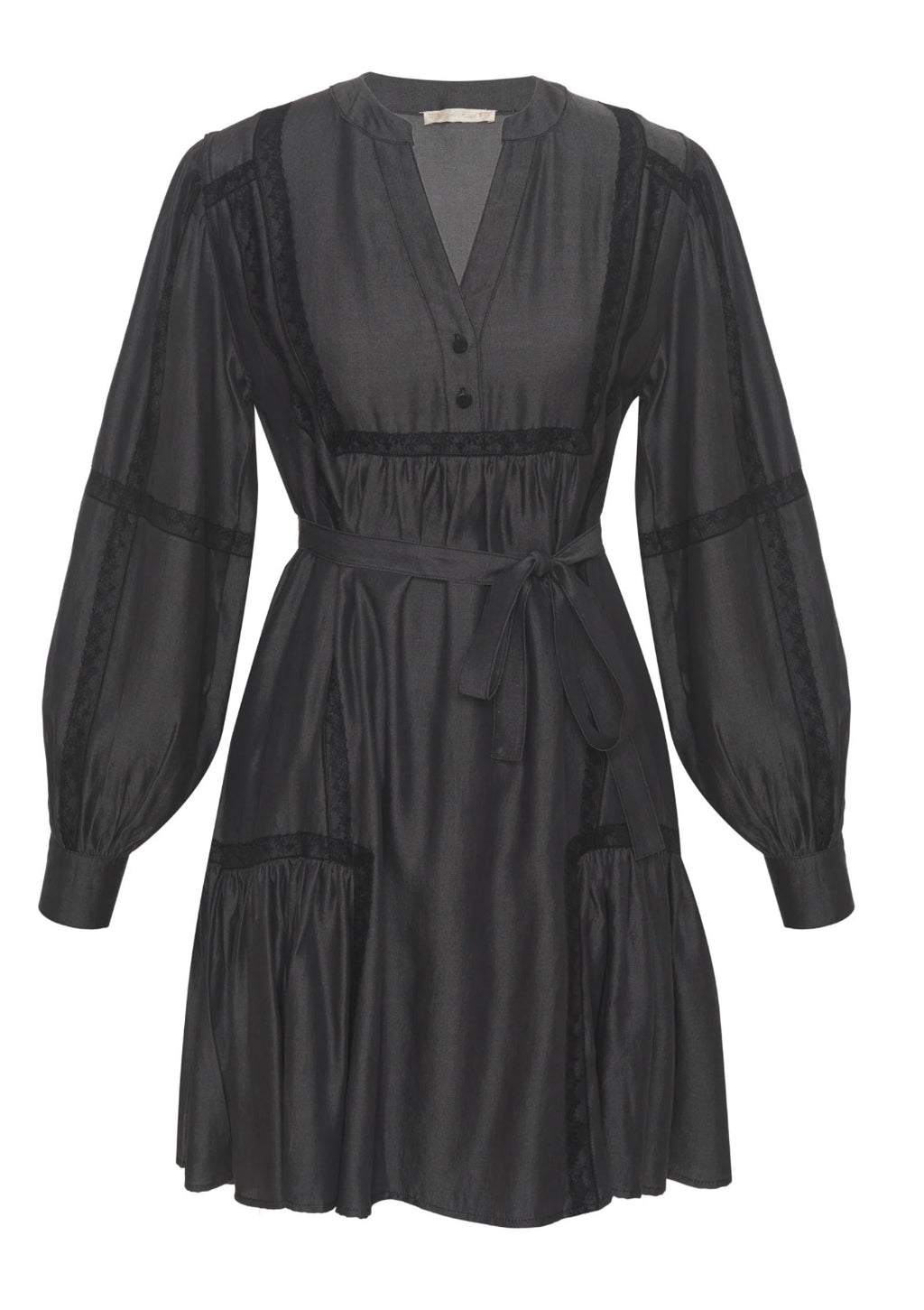 Gold Hawk Denim Tencel Lace Trim Dress Color: Dark Grey Large $365