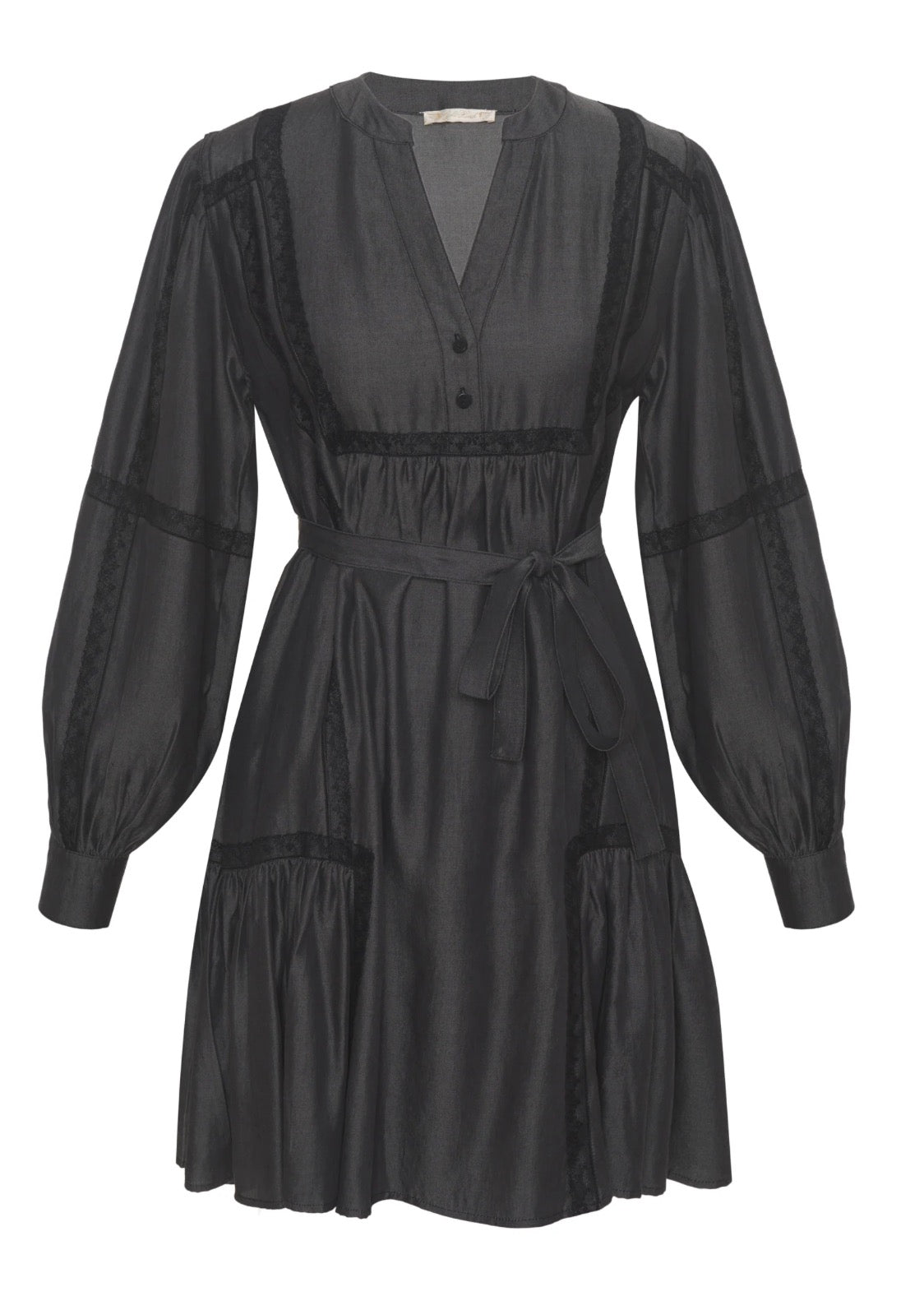 Gold Hawk Denim Tencel Lace Trim Dress Color: Dark Grey Large $365