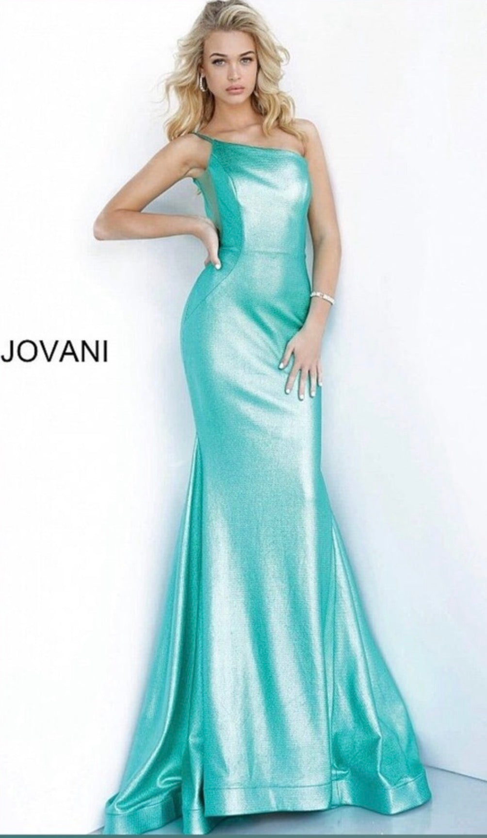 Jovani 02136 Metallic Fitted One Shoulder Prom Dress Aqua Green Sz 00