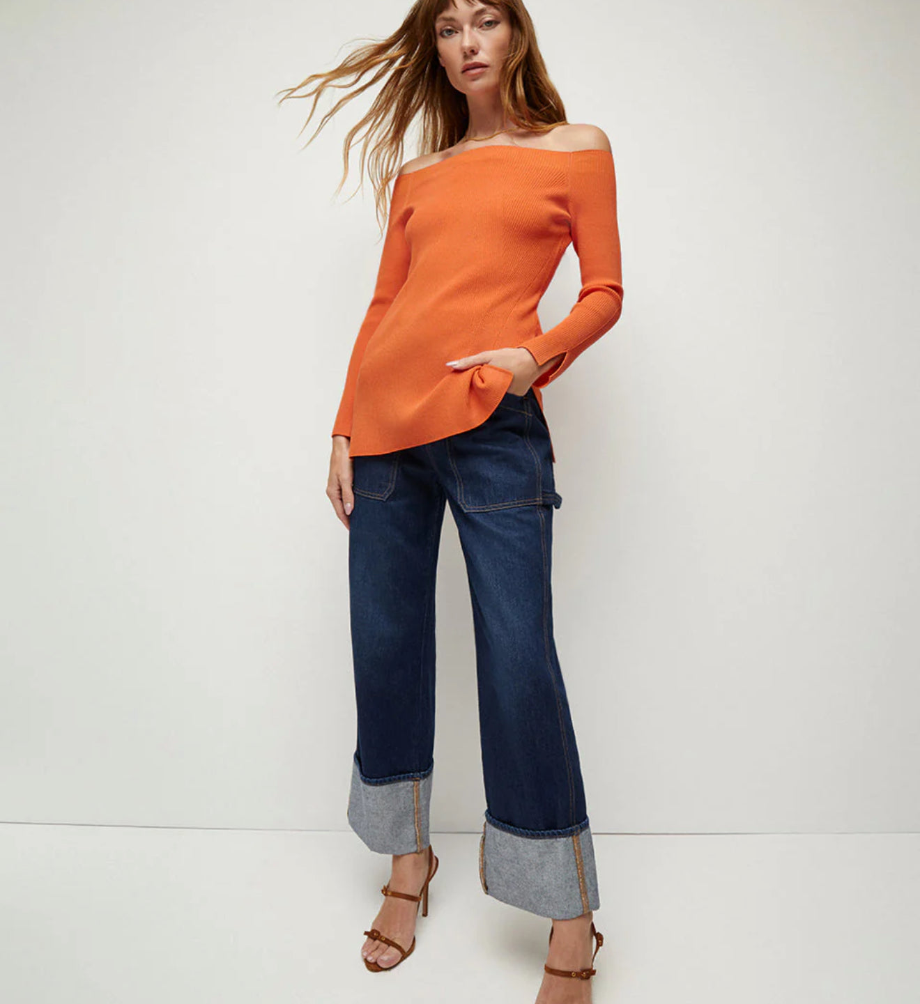 Veronica Beard Derick Ribbed Off-Shoulder Pullover Deep Orange Sz Small $378