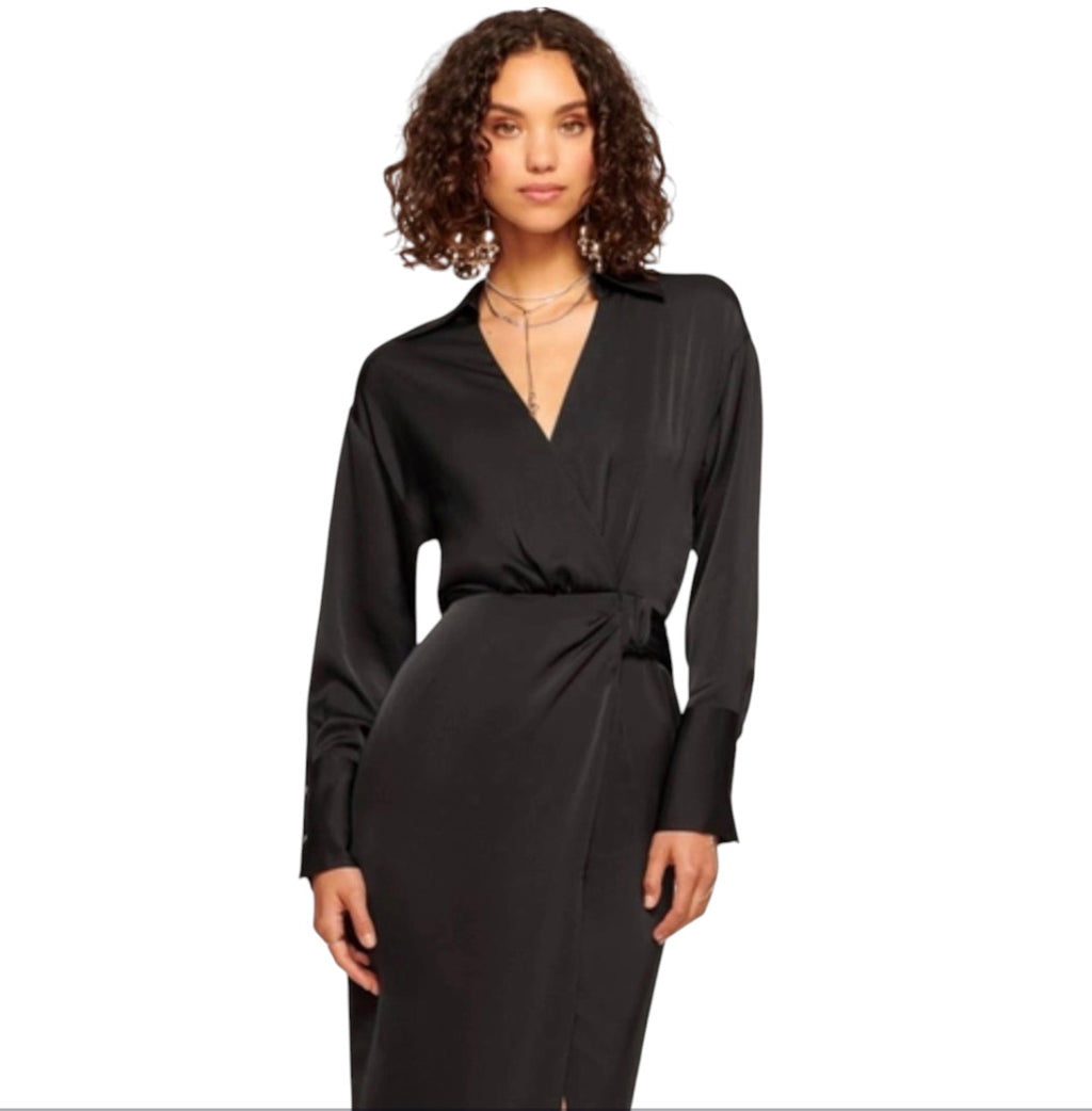 Ramy Brook Aurora Draped Satin Shirtdress in Black Sz 0