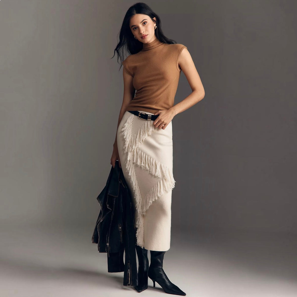 Derek Lam 10 Crosby Hestia Fringed Midi Sweater Skirt in Snow White Sz Medium