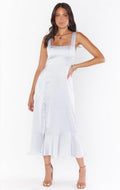 Show Me Your Mumu Satin Claire Midi Dress Silver Luxe $188