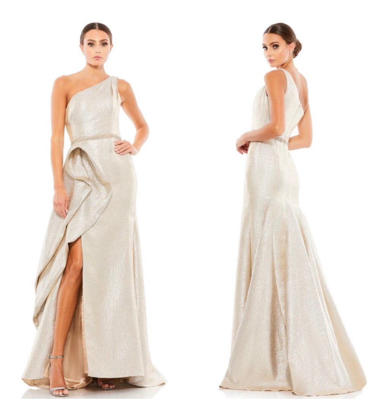 Mac Duggal 66975 ONE SHOULDER
METALLIC RUFFLED
EVENING GOWN in Oyster Sz 16 $598