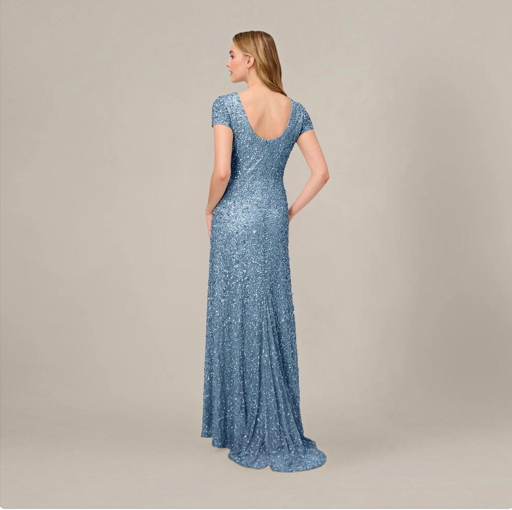 ADRIANNA PAPELL Scoop Back Sequin Gown Nile Blue Size 14