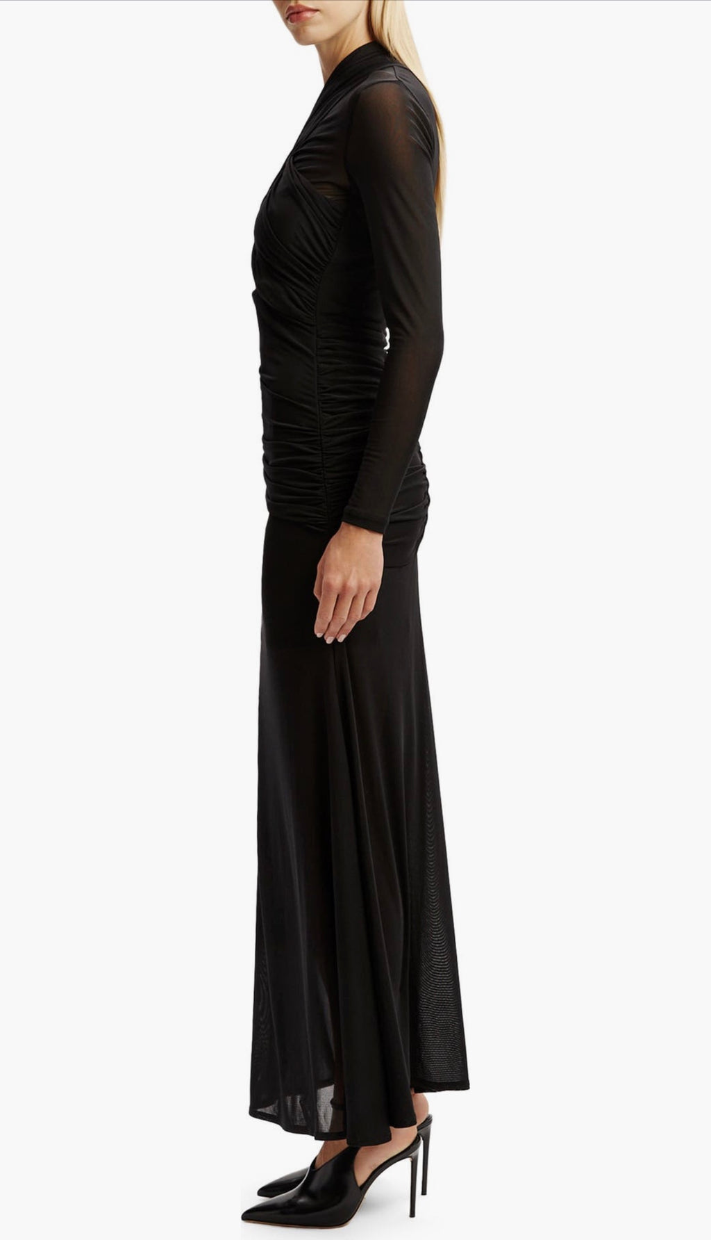 Bardot Veria Front Wrap Long Sleeve Mesh Gown Black Ruched Cutout Dress Size 6