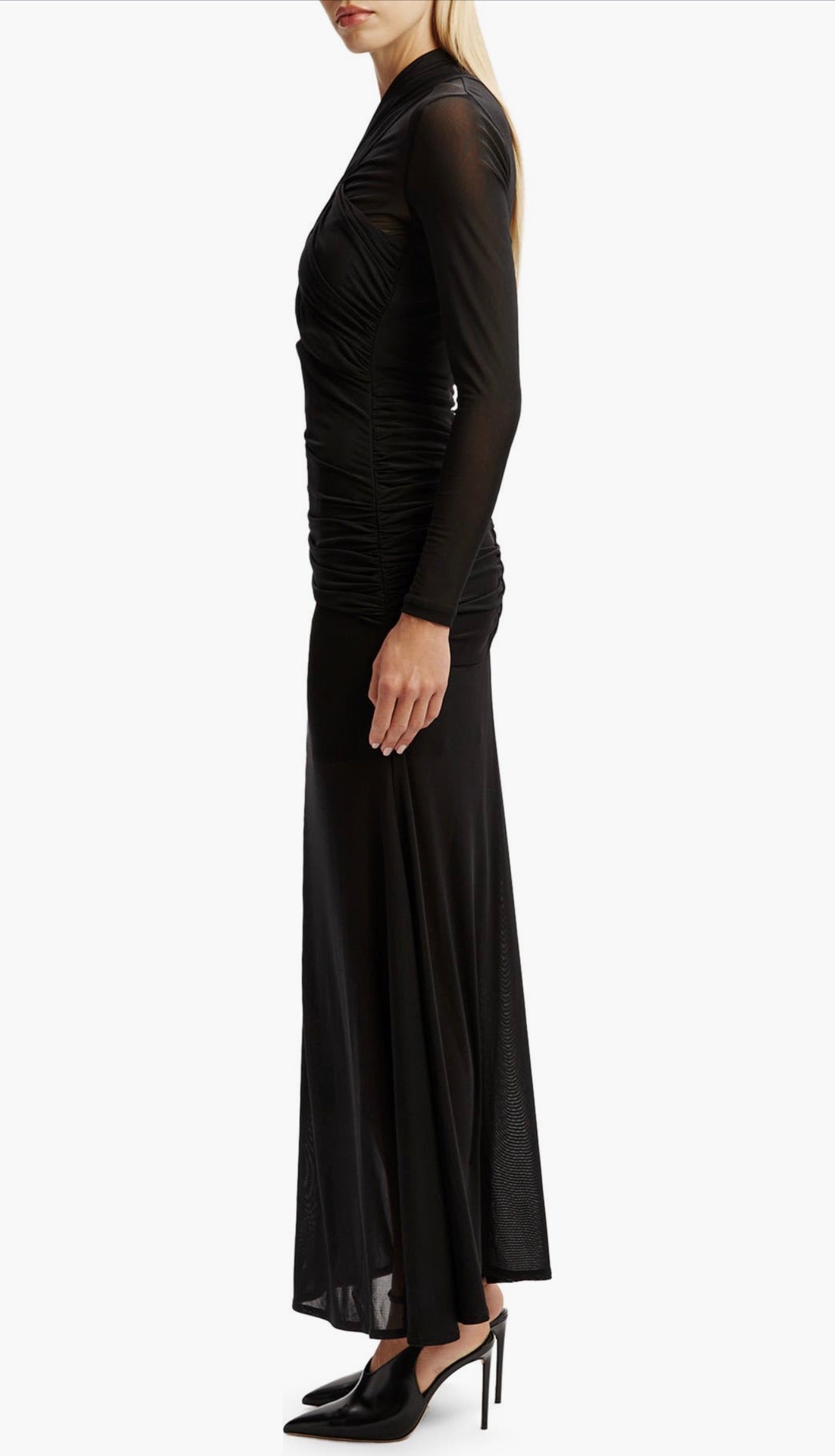 Bardot Veria Front Wrap Long Sleeve Mesh Gown Black Ruched Cutout Dress Size 6
