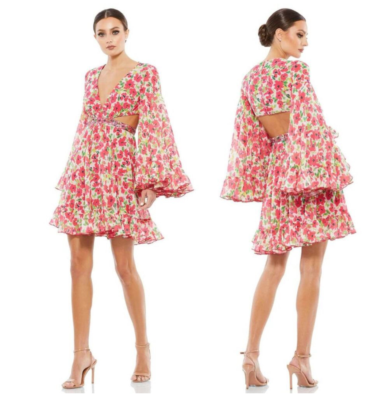 Mac Duggal 9158 Floral Cut
Out Bell Sleeve Mini Dress Size 2 $498