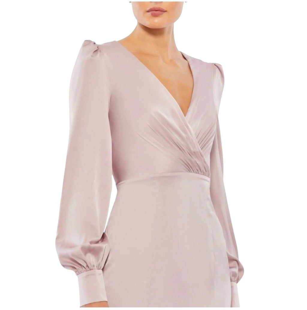 Mac Duggal 55635 Satin
Ruched Bishop Sleeve Gown Rose
Pink