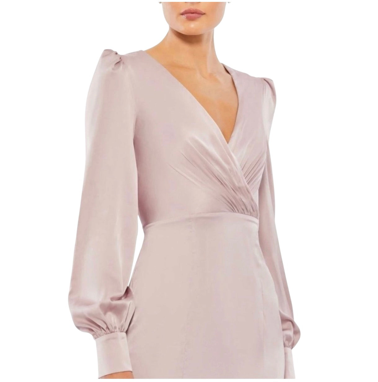 Mac Duggal 55635 Satin
Ruched Bishop Sleeve Gown Rose
Pink