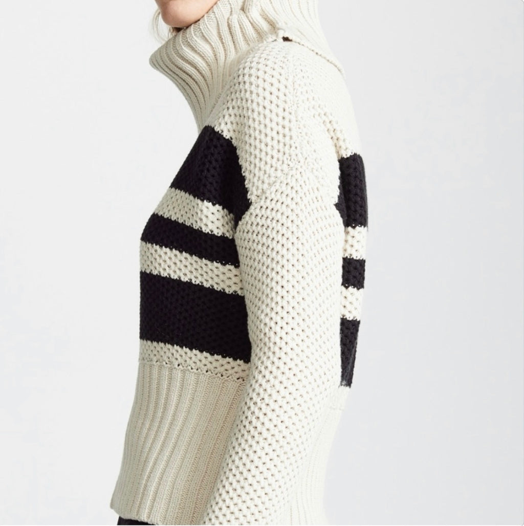 Chaser Cream Black Striped Cowl Neck Knit Sweater Size Medium