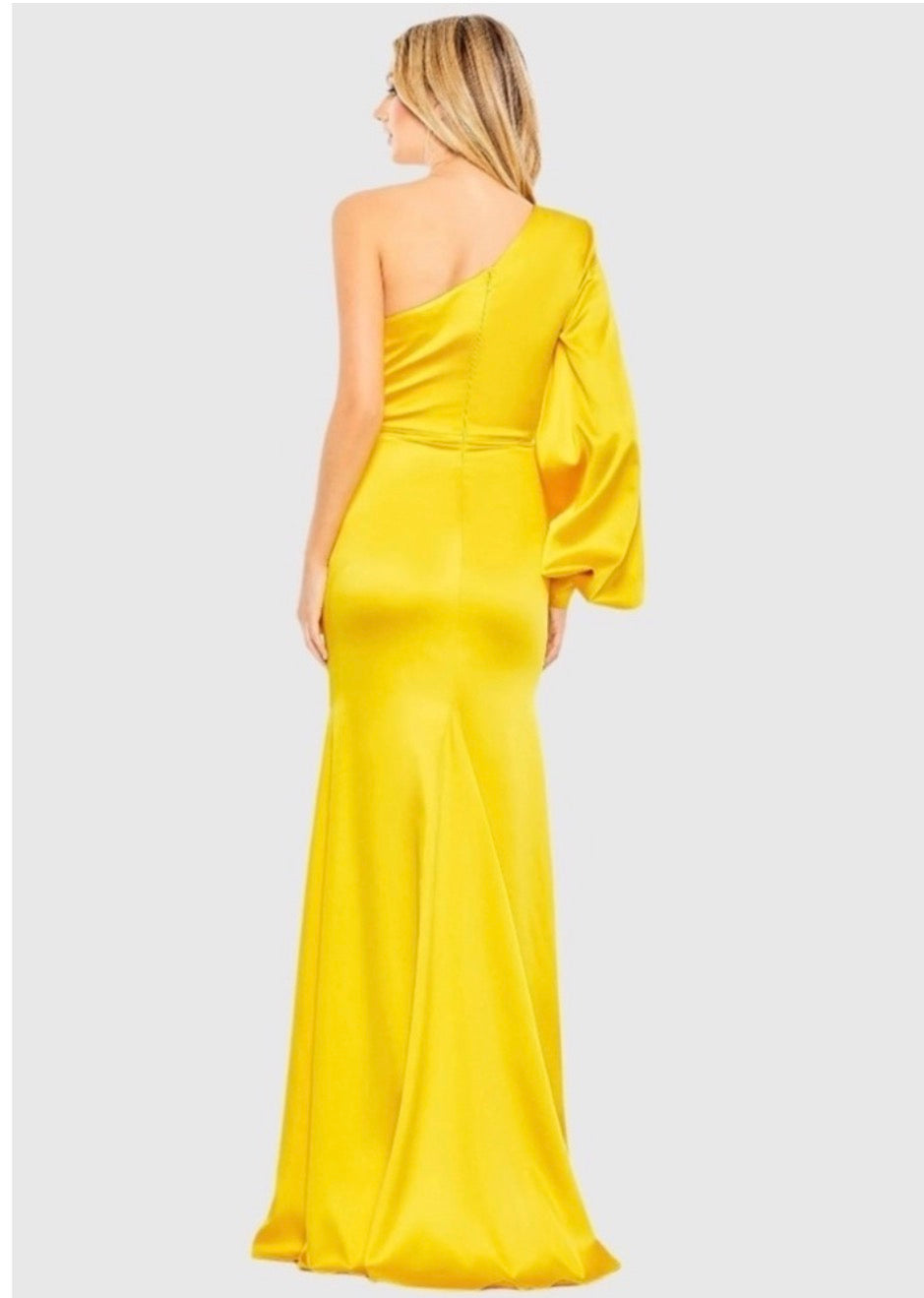 IEENA FOR MAC DUGGAL 26712 Yellow One Shoulder Bishop Sleeve Trumpet Gown Sz 2 $398