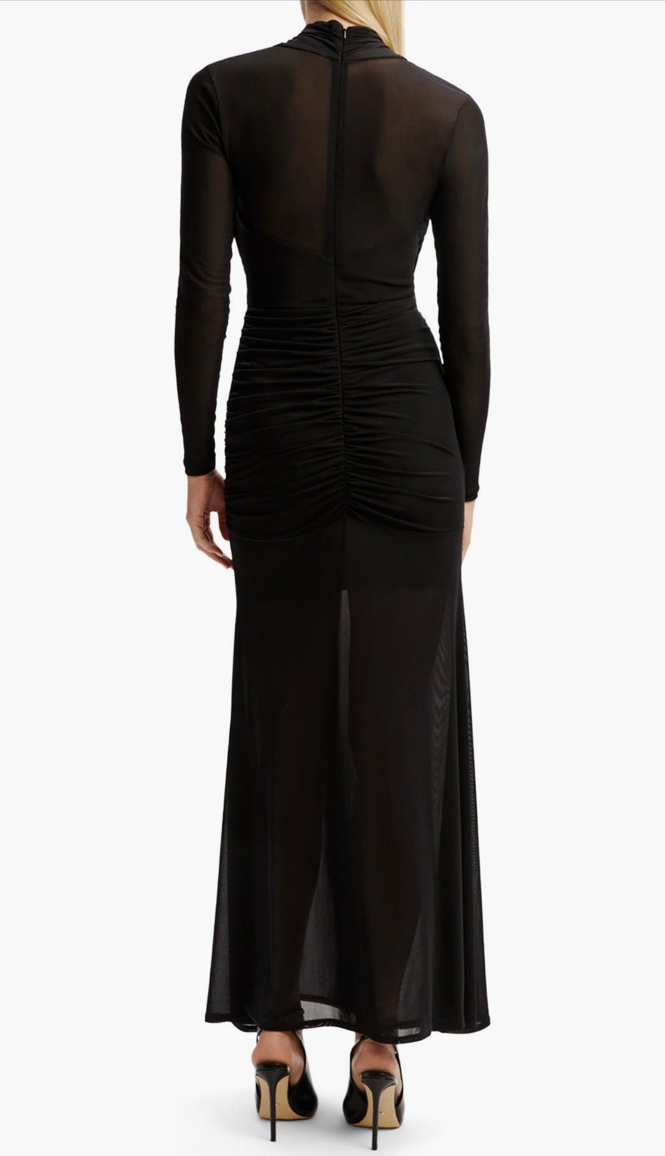 Bardot Veria Front Wrap Long Sleeve Mesh Gown Black Ruched Cutout Dress Size 6