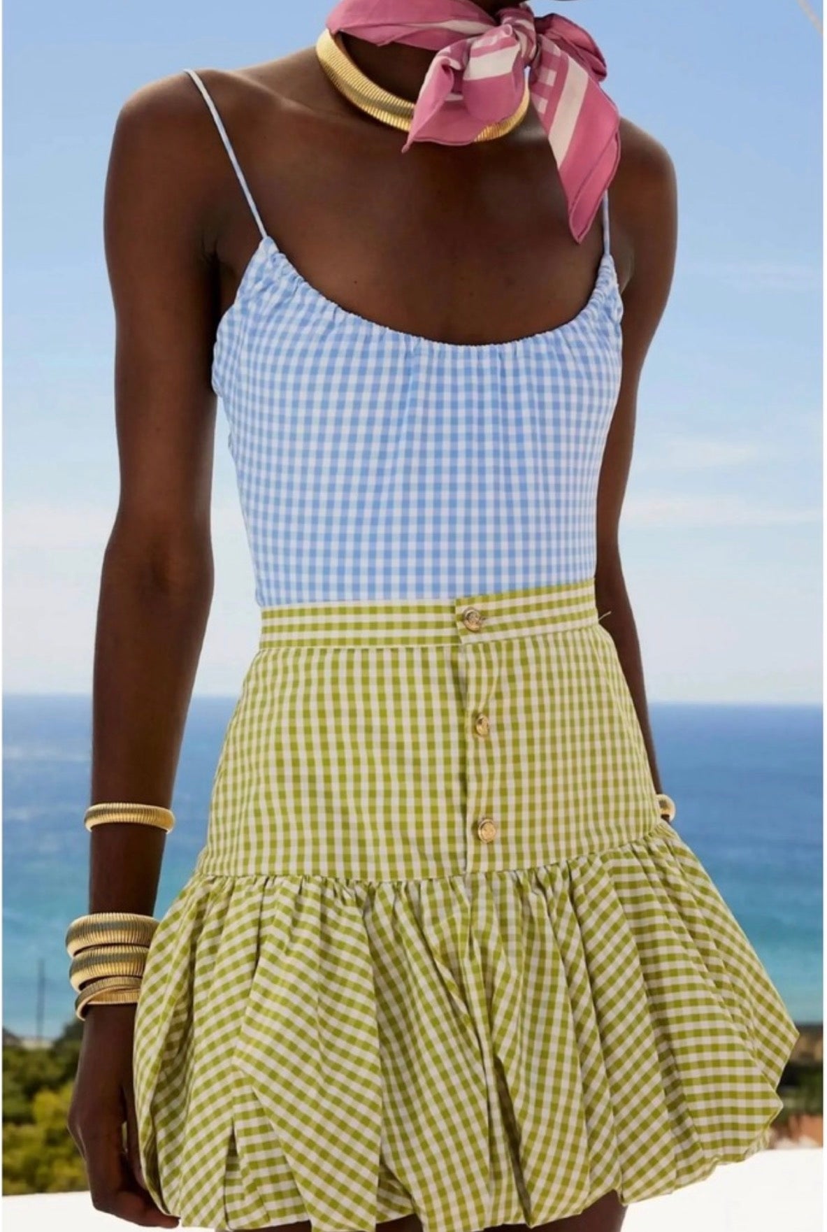 Caroline Constas Reina Bubble HemMini Skirt Pistachio Gingham Sz XS