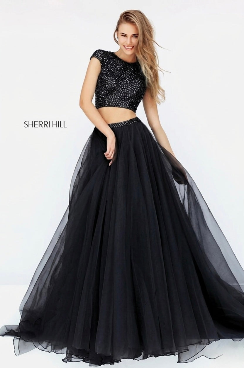 Sherri Hill 50561 Black Beaded Two Piece A-Line Organza Gown Size 2 $650