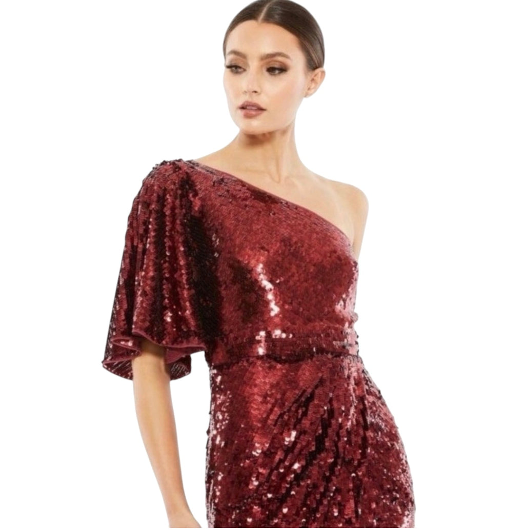 Mac Duggal 93540 Burgundy
Sequin One Shoulder Gown High Slit Size 8