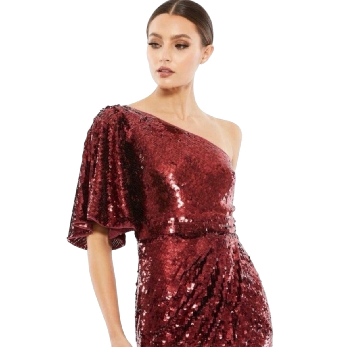Mac Duggal 93540 Burgundy
Sequin One Shoulder Gown High Slit Size 8