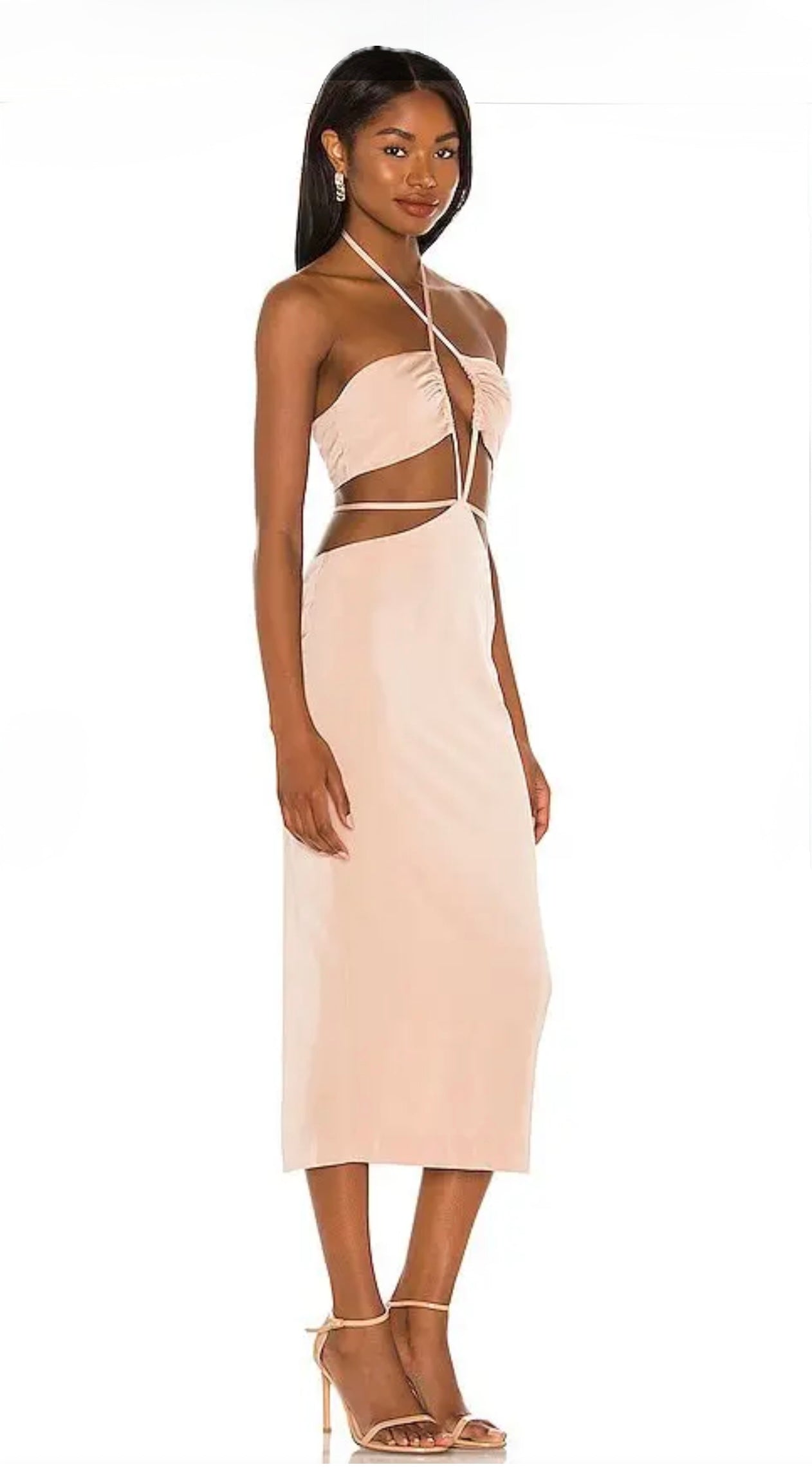 H:OURS Enza Cutout Strappy Midi Dress Nude Tan Size XS NWT $238